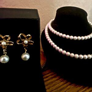 Vintage Faux White Pearl Double Strand with Gold Tone Flower/Pearl Earrings